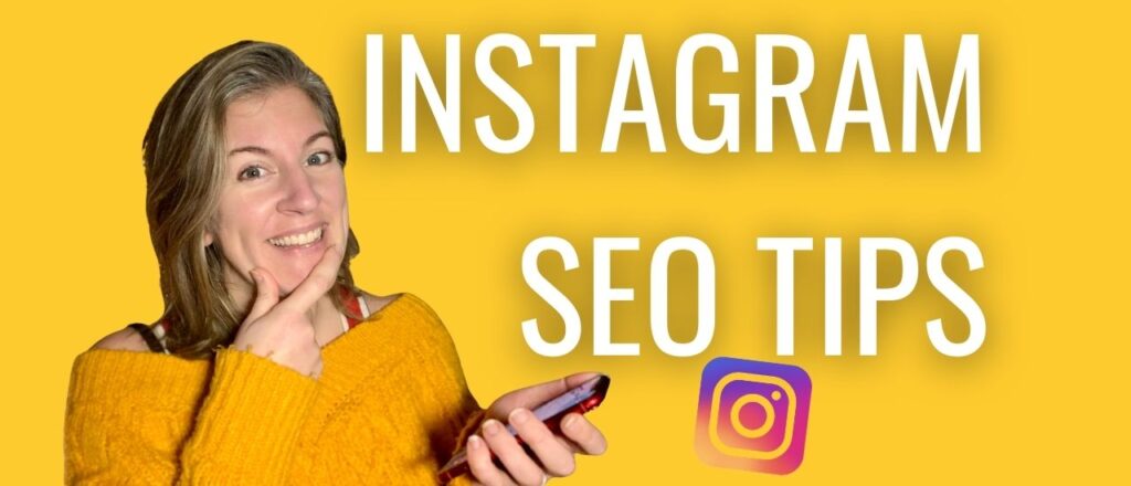 how to optimise instagram for SEO in 2021. Emily from Yellow Tuxedo holding a mobile phone on a bright yellow background