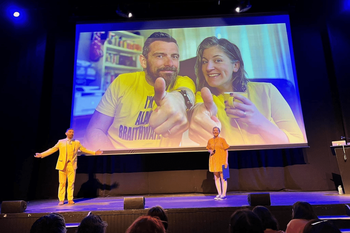 Emily and Alan Braithwaite on stage at the You Are The Media creator day at the Lighthouse theatre in Poole