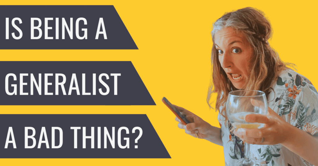 the power of being a generalist- Emily from Yellow Tuxedo holding a mobile phone in one hand and a gin and tonic in the other with a panicked face